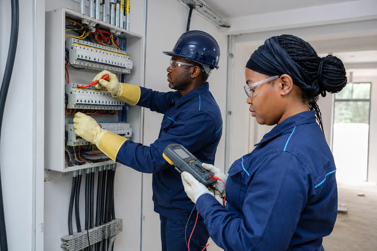 Professional electricians testing a distribution board