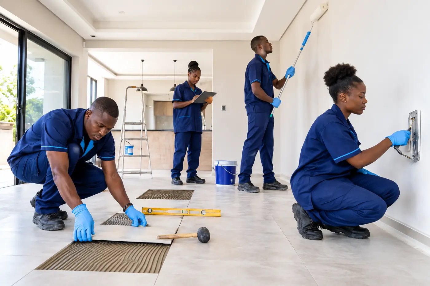 Maintenance and repair team working inside a residential property