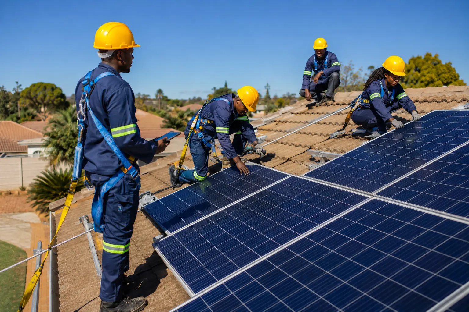 Zimbabwean technicians installing rooftop solar panels